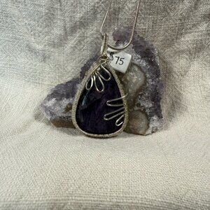 Natural Purple Amethyst Teardrop Silver Wire Wrapped Artisan Pendant